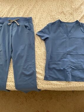 FIGS Technical Collection Light Blue Scrub Top & Flare Pant